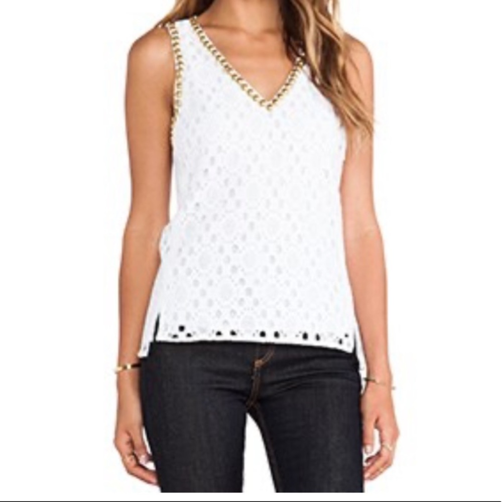 Trina Turk| Two Harbors Top  Beige | Contrast metallic beading at neckline  Sz S